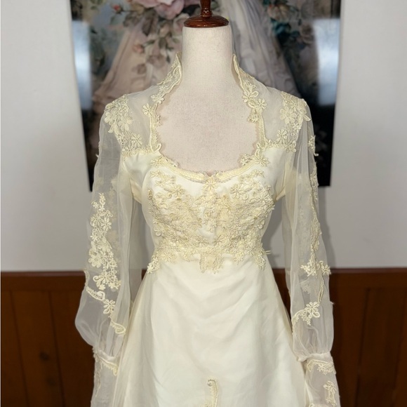 Elegant Vintage 1970s Organza Wedding Gown & Hat Veil - Picture 7 of 12